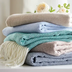 Woven Jacquard Knitted Acrylic Throw Blanket Wave Pattern Herringbone Design Tassel Detail Mediterranean Style Spring Season