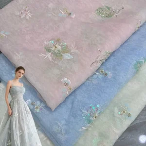 Woven Lace Organza Chinese-Style Heavy-Beaded Sequin-Embroidered Florals Vest Dress Fabric 100% Polyester Women’s Formal