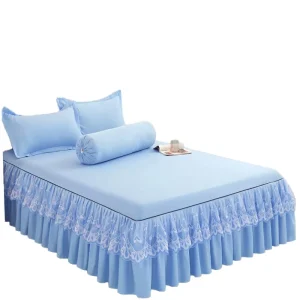 Woven Modern Solid Color Polyester Lace Eco Friendly Three Piece Frosted Bed Skirt Set