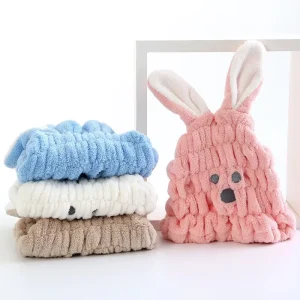 Woven Polyester Cute Rabbit Head Design Cartoon Microfiber Hair Towel Wrap Quick Dry Bath Cap for Kids High Absorbency