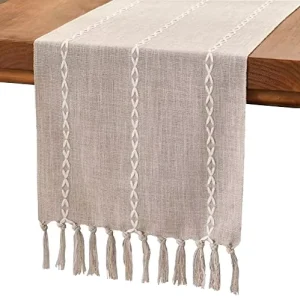 Woven Tassels Linen Cotton Fabric Rustic Crochet Romantic Khaki Cloth Colorful Luxury Striped Stitching Table Runners