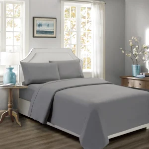 Wrinkle Free Microfiber Sheet Set 4 Pcs Including Flat Sheet Fitted Sheet and Pillowcases Grey Color with Piping