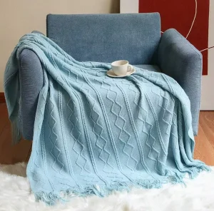 XinLan Vintage Solid 3D Cable Knit Tassel Throw Blanket Heavy Drape Soft Air Condition Nap Cover Knit Decor Blanket