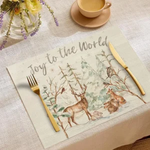 YI NUANN Autumn Winter Versatile Linen Place Mat Christmas Party Decoration Western Elk Snowman Print Fabric Insulation Mat