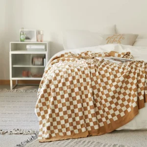 YIRUIO Most Popular Pattern Adult Checkerboard Jacquard 100% Cotton Throw Knitted Blanket Soft MLG