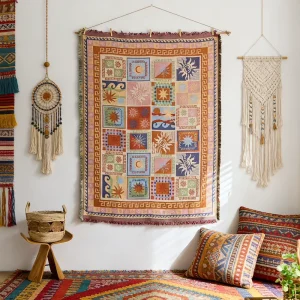 Yarn Dyed Boho Macrame Wall Hanging Polyester Cotton Woven Tapestry for Home Decor