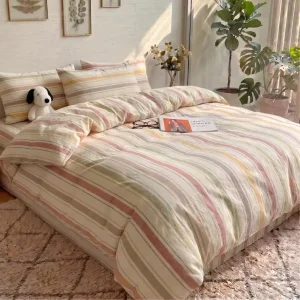 Yarn Dyed Stripe 100% Washed Cotton Breathable Soft Luxury Modern Queen King Size Bedding Cotton Duvet Cover Set OEKO TEX