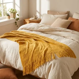Yellow Knitted Throw Blanket with Tassels for Sofa with Decorative Striped Zigzag Pattern for Boho Modern Knit Couch Blankets