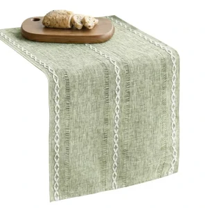 customize Mode Sage Green Rustic Striped Hollow Cotton Linen Table Runner China 13×36 Inch Kitchen Dining Home Party Decor