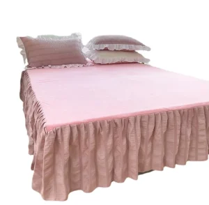 fairy 100% Polyester Pink Stripe Seersucker Bed Skirt Set Bedding Set with Beautiful Ruffles